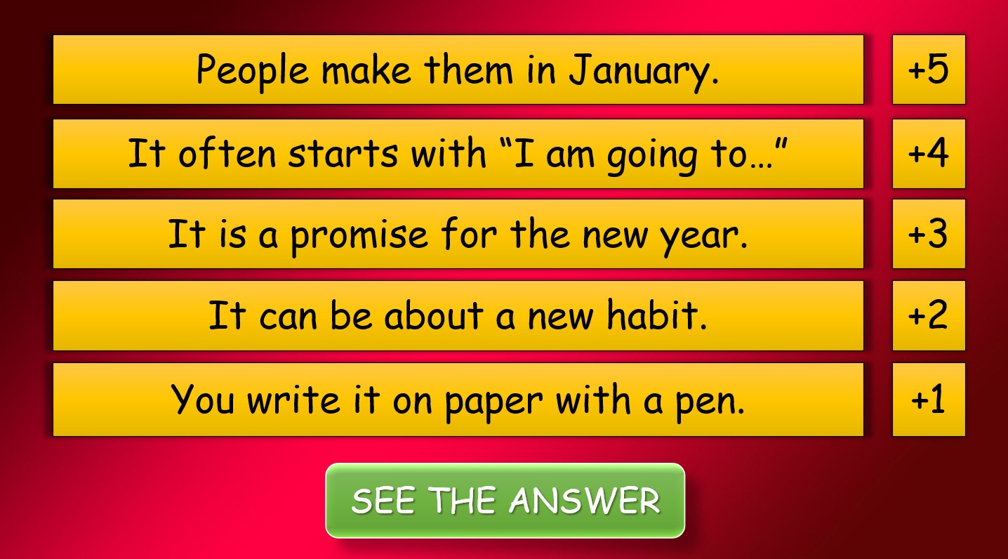 Give Me a Clue - New Year Edition (PPT Vocabulary Game with Flashcards)