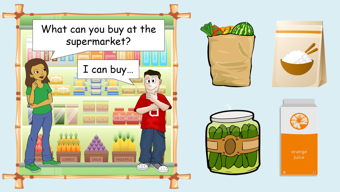 At the Supermarket - Grade 2-4 PowerPoint Lesson (Food Containers)