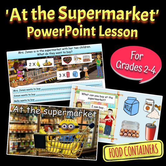 At the Supermarket - Grade 2-4 PowerPoint Lesson (Food Containers)