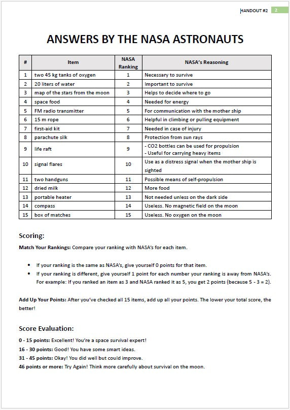 NASA Moon Survival Game Vocabulary and Handouts